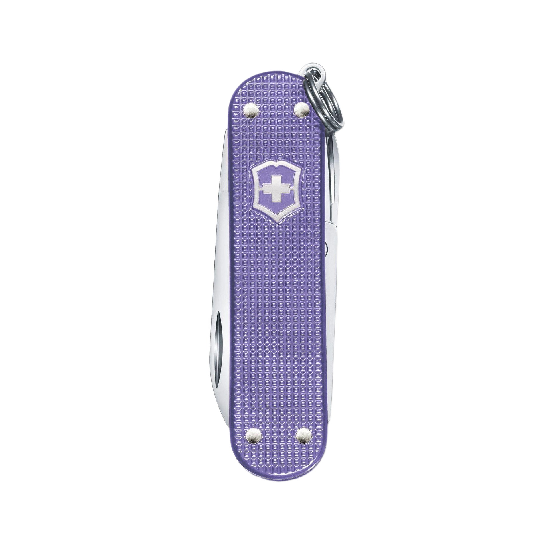 Compact electric lavender pocket knife with textured Alox handle featuring blade, scissors, and nail file in multi-tools collection