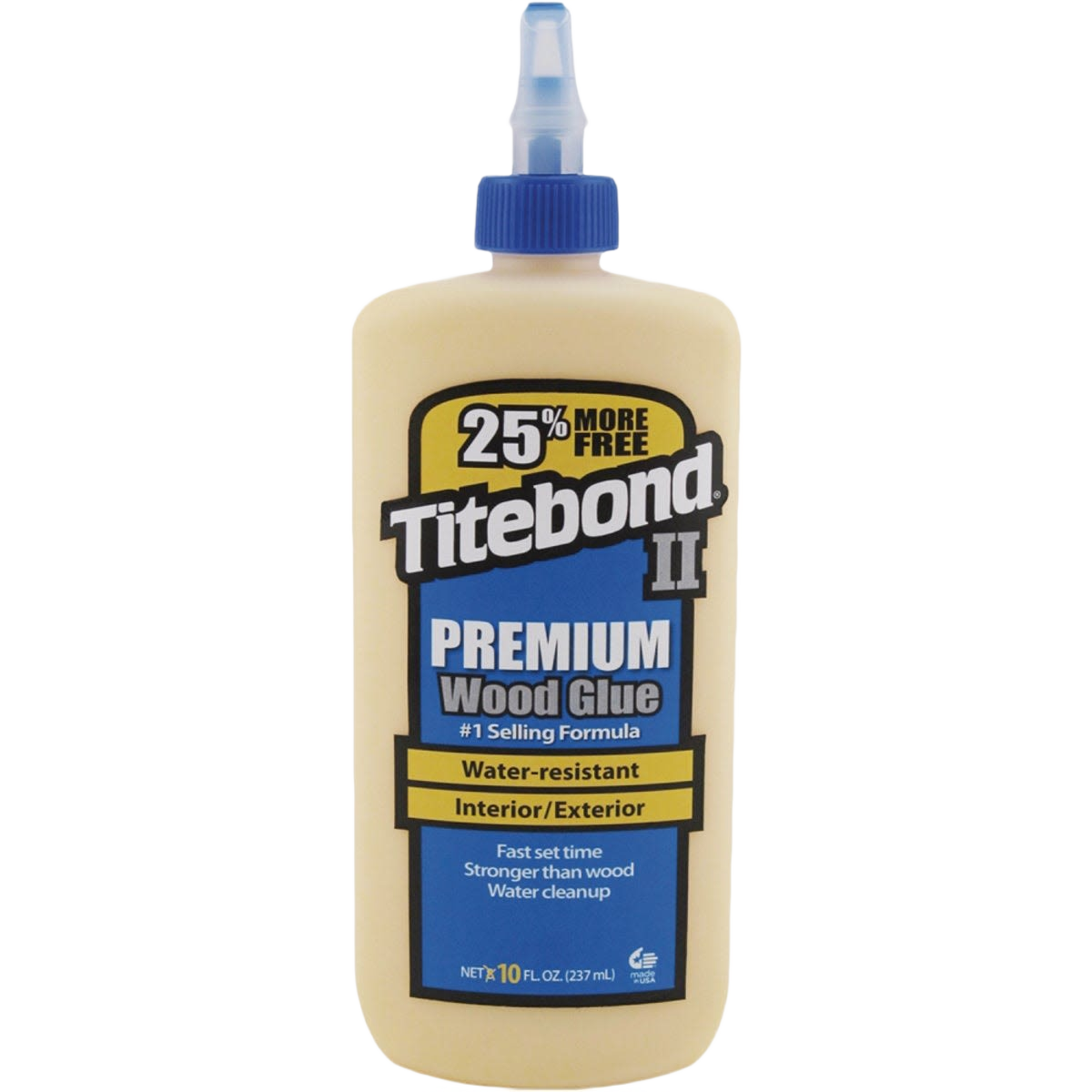 Water-resistant premium wood glue bottle with blue cap for interior and exterior projects in glue and adhesive collections