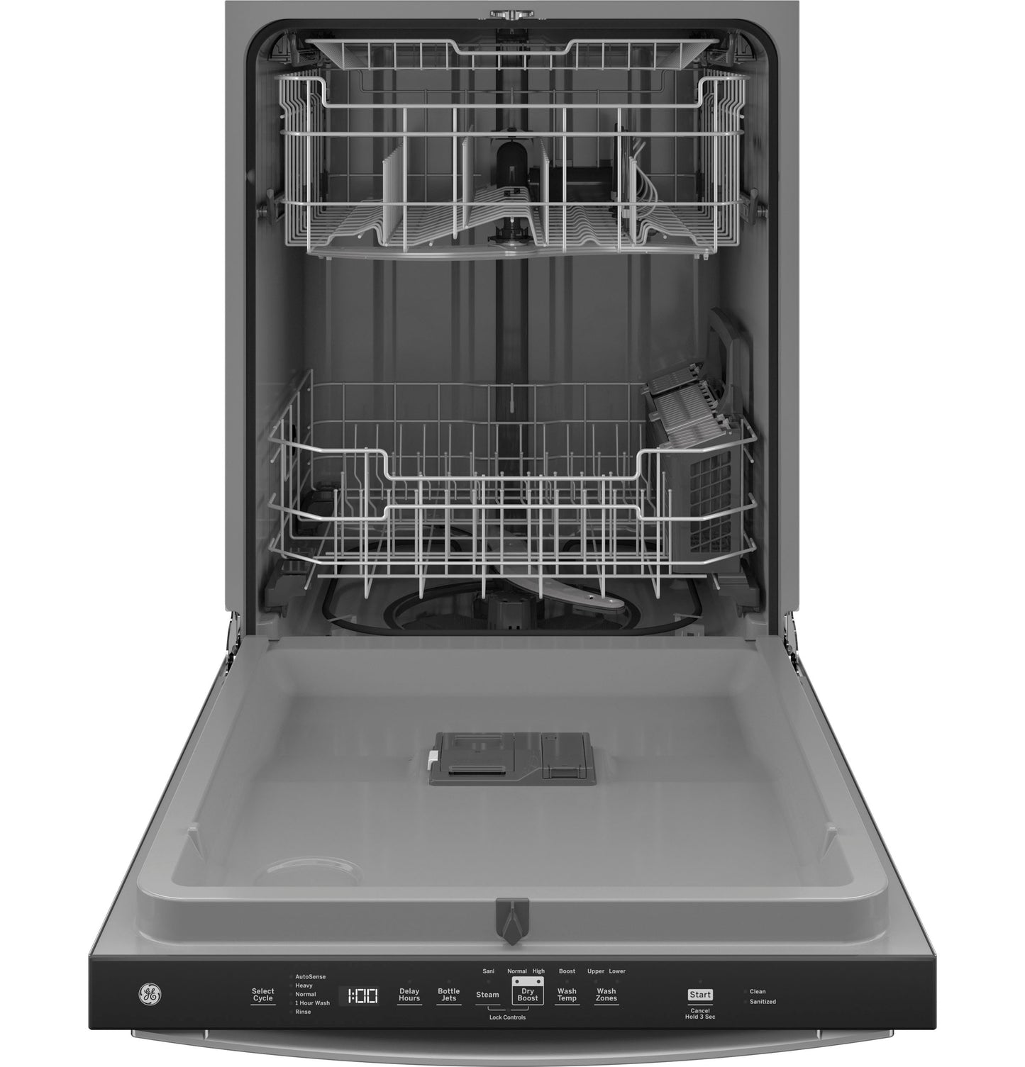 Open top control dishwasher with plastic interior, dual racks, and digital control panel in kitchen appliances collection