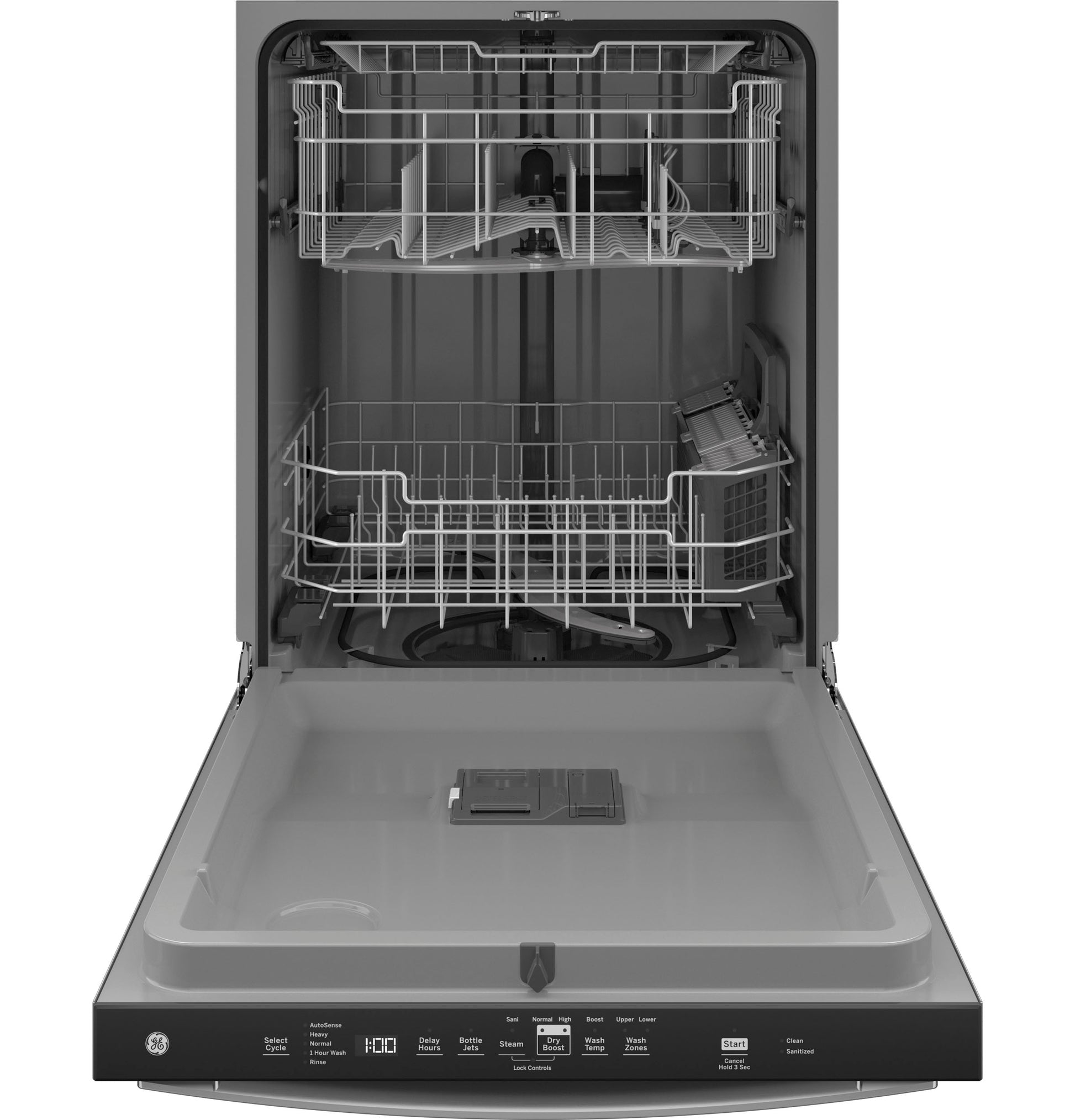 Open top control dishwasher with plastic interior, dual racks, and digital control panel in kitchen appliances collection