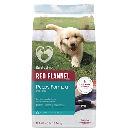 Bag of Exclusive Red Flannel puppy formula dry dog food featuring a running golden retriever puppy on a grassy field background