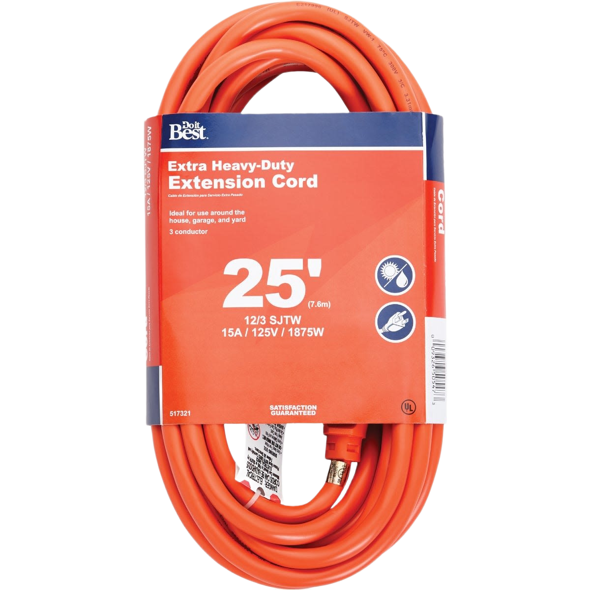 Orange 25-foot heavy-duty outdoor extension cord with three-prong plug for tools and home improvement projects