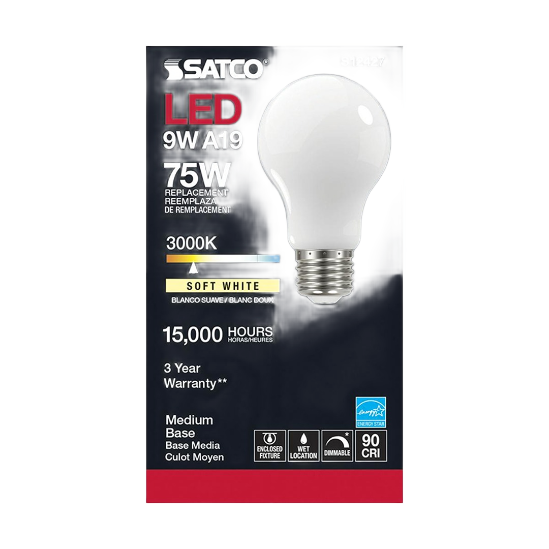 LED A19 soft white light bulb with medium base, 3000K color temperature, energy-efficient option for home lighting and Electrical