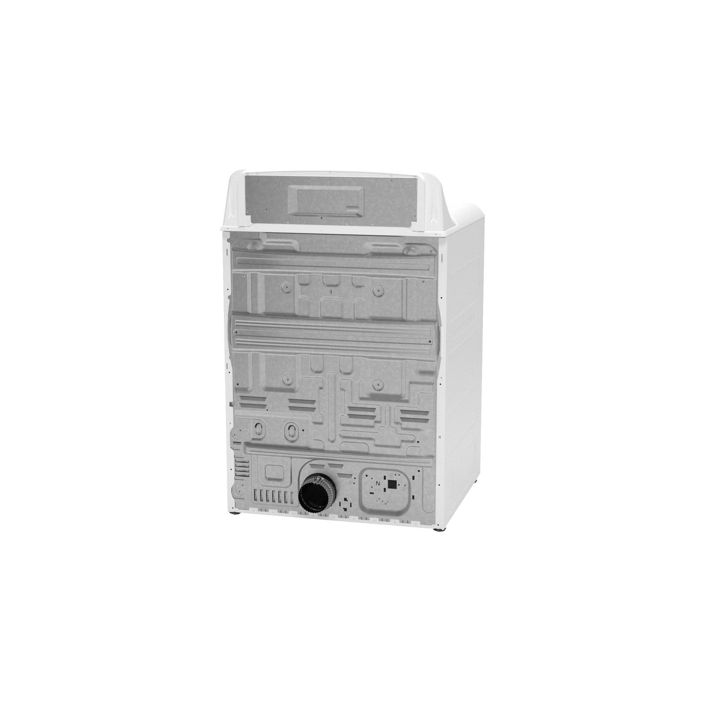 Back view of white electric dryer showing vent outlet and metal panel from Dryers and Appliances collection