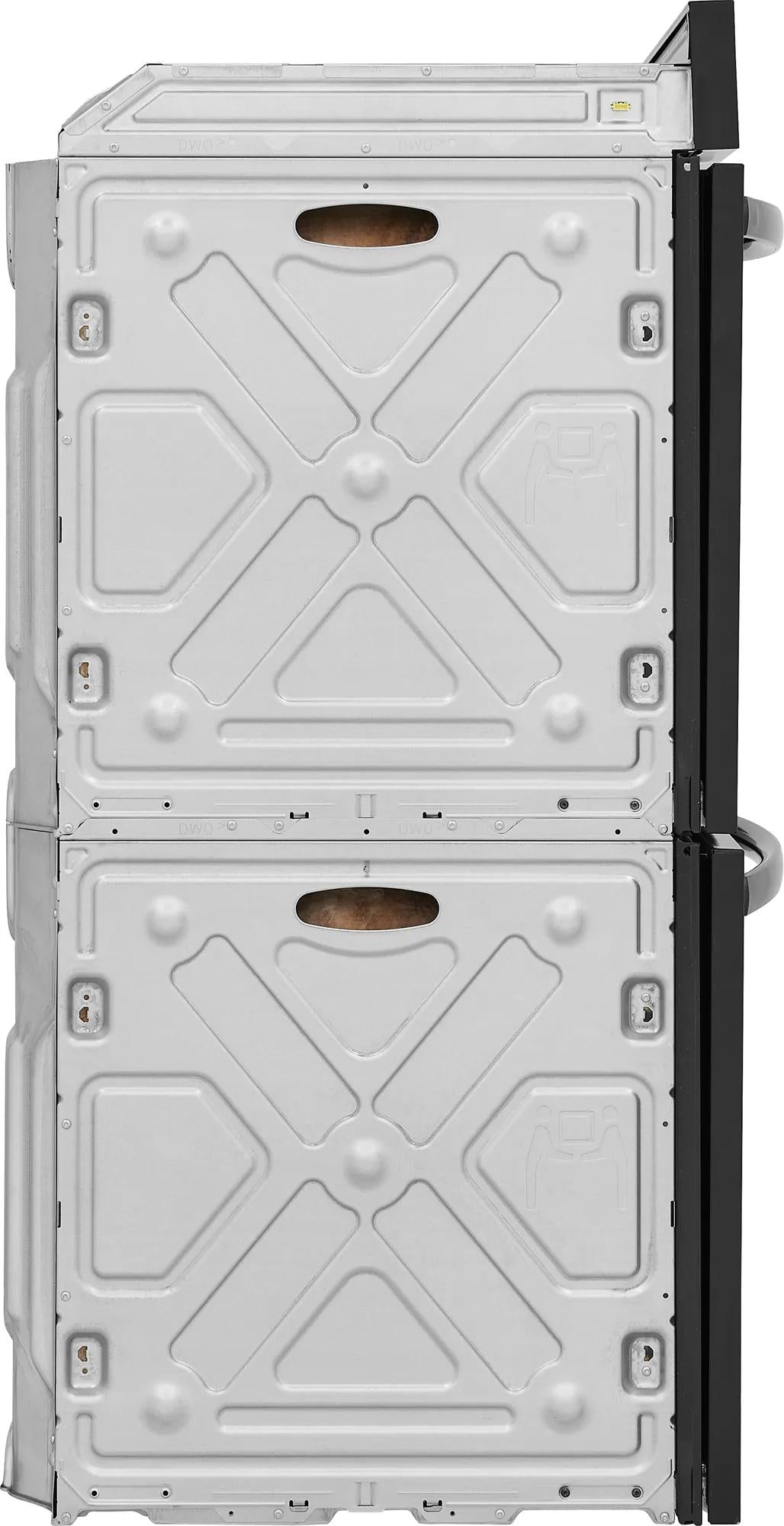 Back view of double electric wall oven showing metal casing and structural reinforcement panels for installation stability