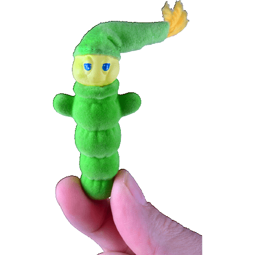 Hand holding small green Glow Worm toy with blue eyes and yellow light tip from Pretend Play Toys under $50 collection