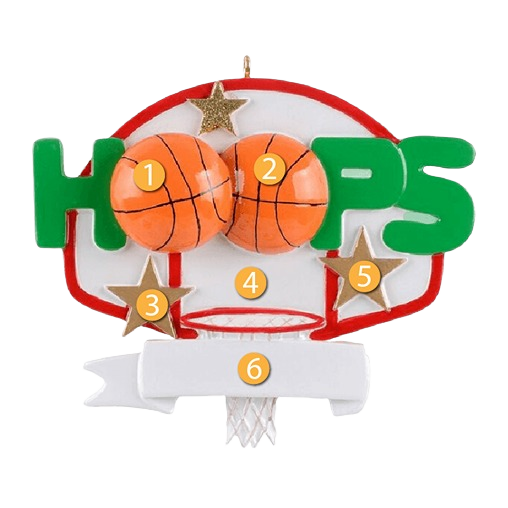 Basketball-themed Christmas ornament with green "Hoops" lettering, two basketballs, and gold stars for tree decoration under $50
