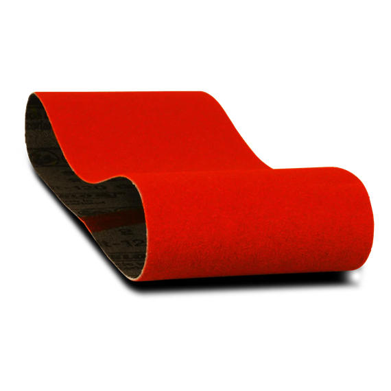 Red abrasive sanding belt with 80-grit surface designed for general purpose use in tools and home improvement tasks