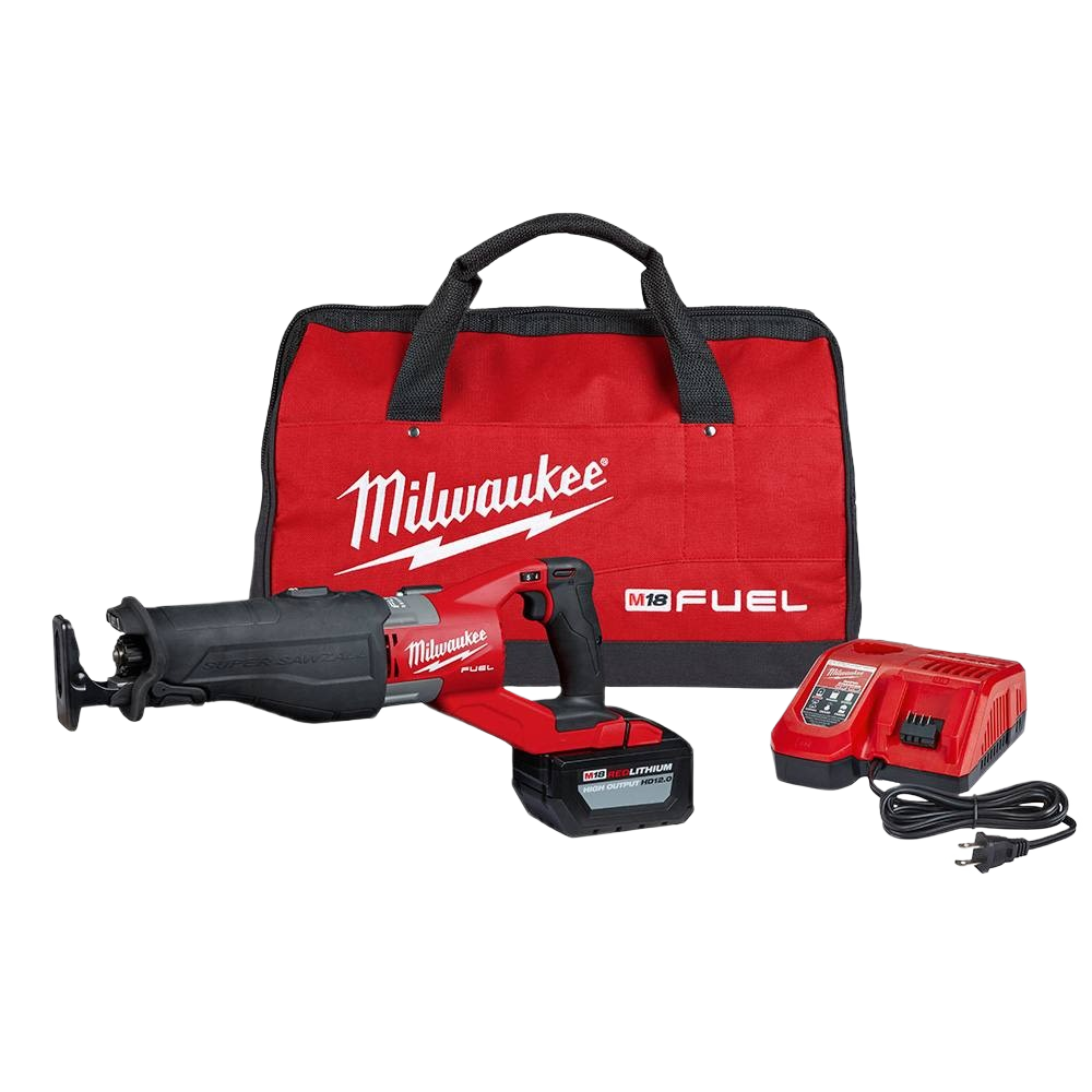 Cordless reciprocating saw kit with red carrying bag and charger in Milwaukee power tools and woodworking collections