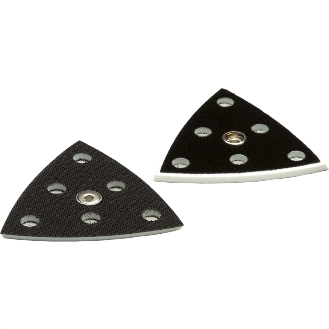 Two black triangular soft sanding pads with central snap studs and ventilation holes for power tool accessories.
