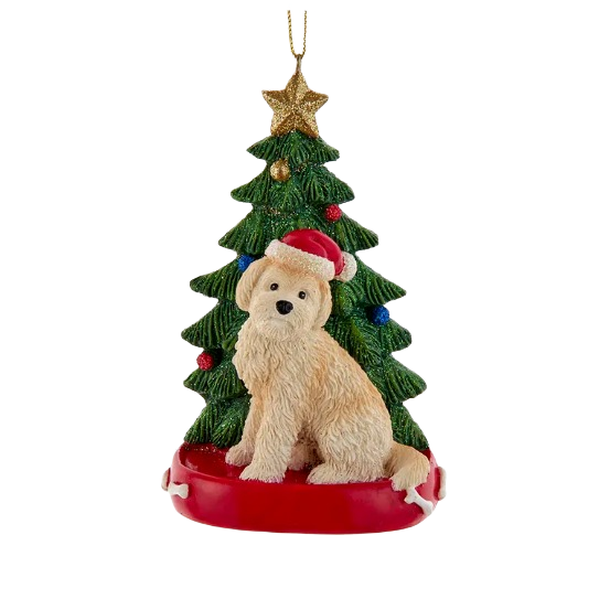 Decorative ornament featuring a goldendoodle wearing a Santa hat in front of a green Christmas tree with a gold star topper