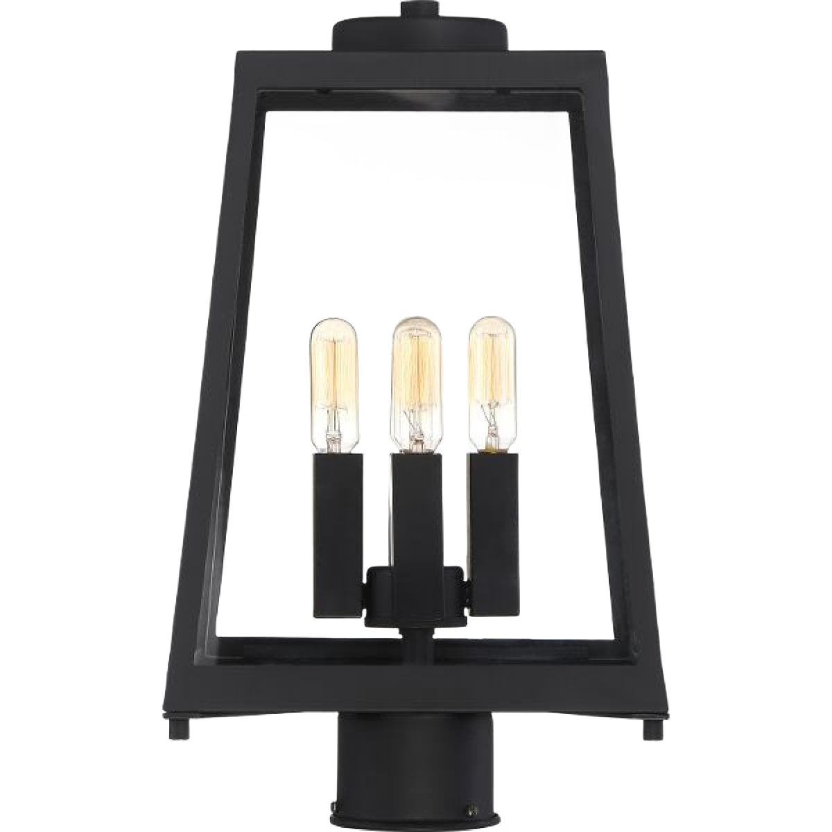 Matte black four-light post lantern with clear glass panels for outdoor lighting and home improvement use