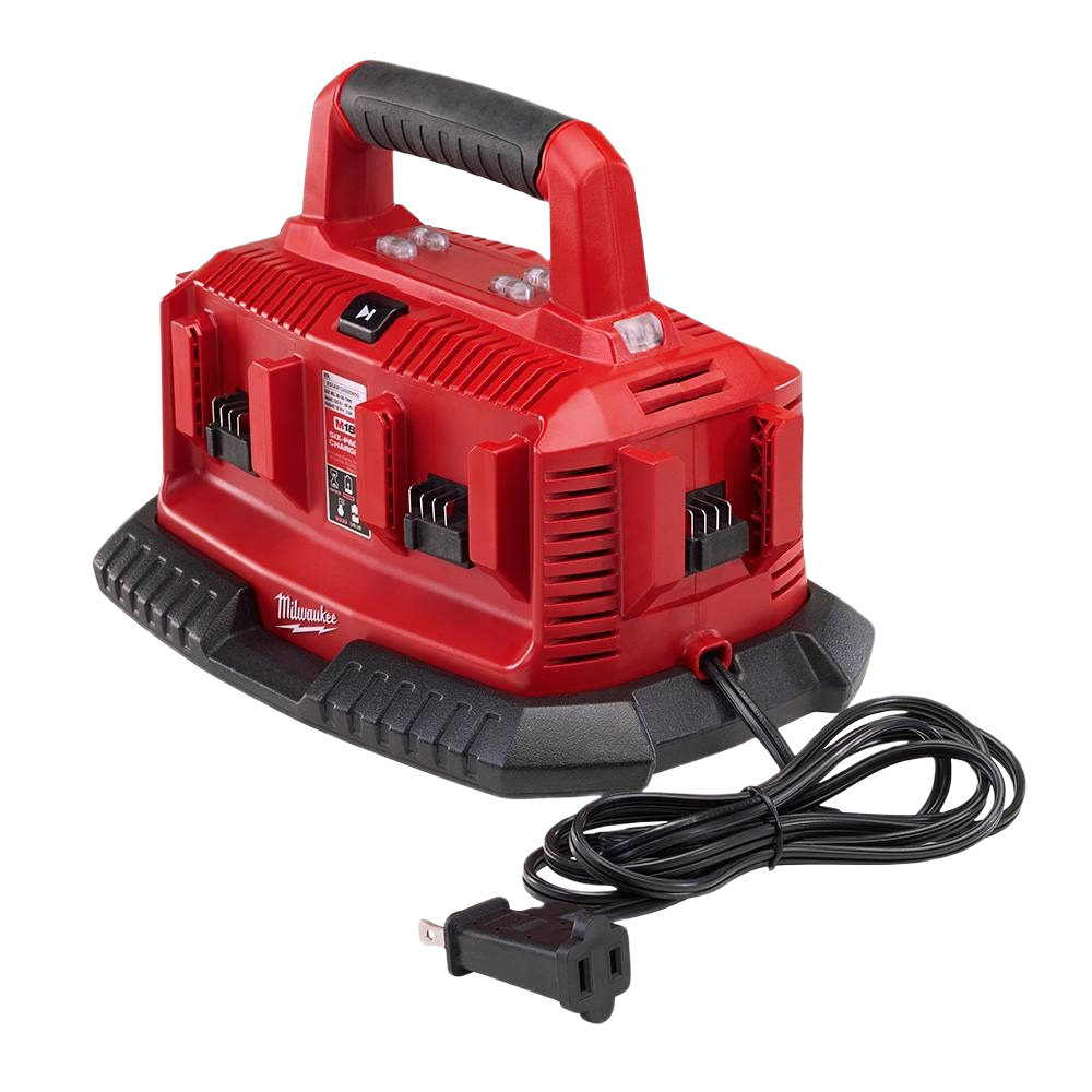 Red six-slot sequential battery charger with carrying handle and power cord for tool accessories and battery systems