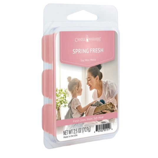 Pink clamshell pack of spring fresh scented soy wax melts featuring a mother and child in a bright home setting
