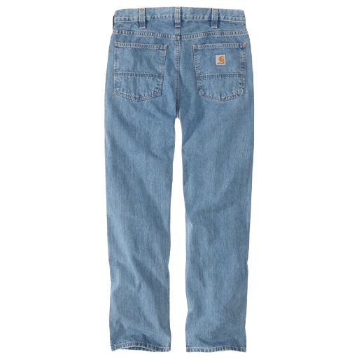Light blue heavyweight cotton denim jeans with relaxed fit and classic five-pocket design from Carhartt men's bottoms collection