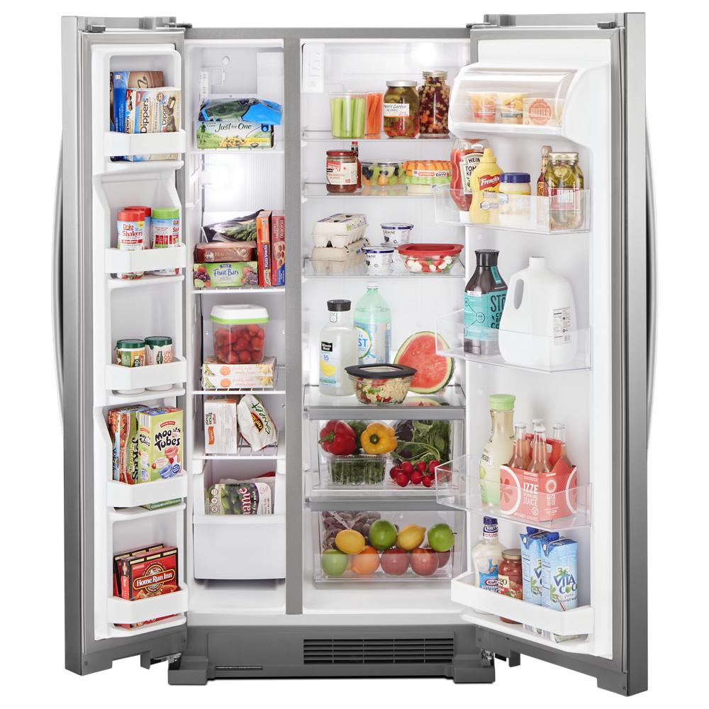 Open 33-inch side-by-side refrigerator with organized food and beverages in kitchen appliances collection