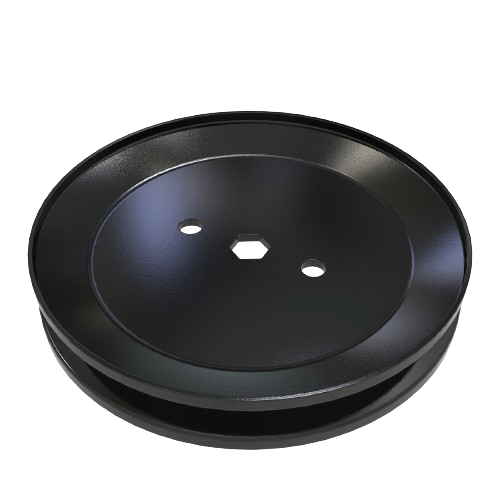 Black metal mower drive sheave with hexagonal center hole and two round mounting holes for home improvement tools