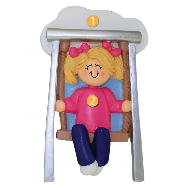 Blonde female figurine with pink bows on swing ornament for Christmas tree decorations under $50 collection