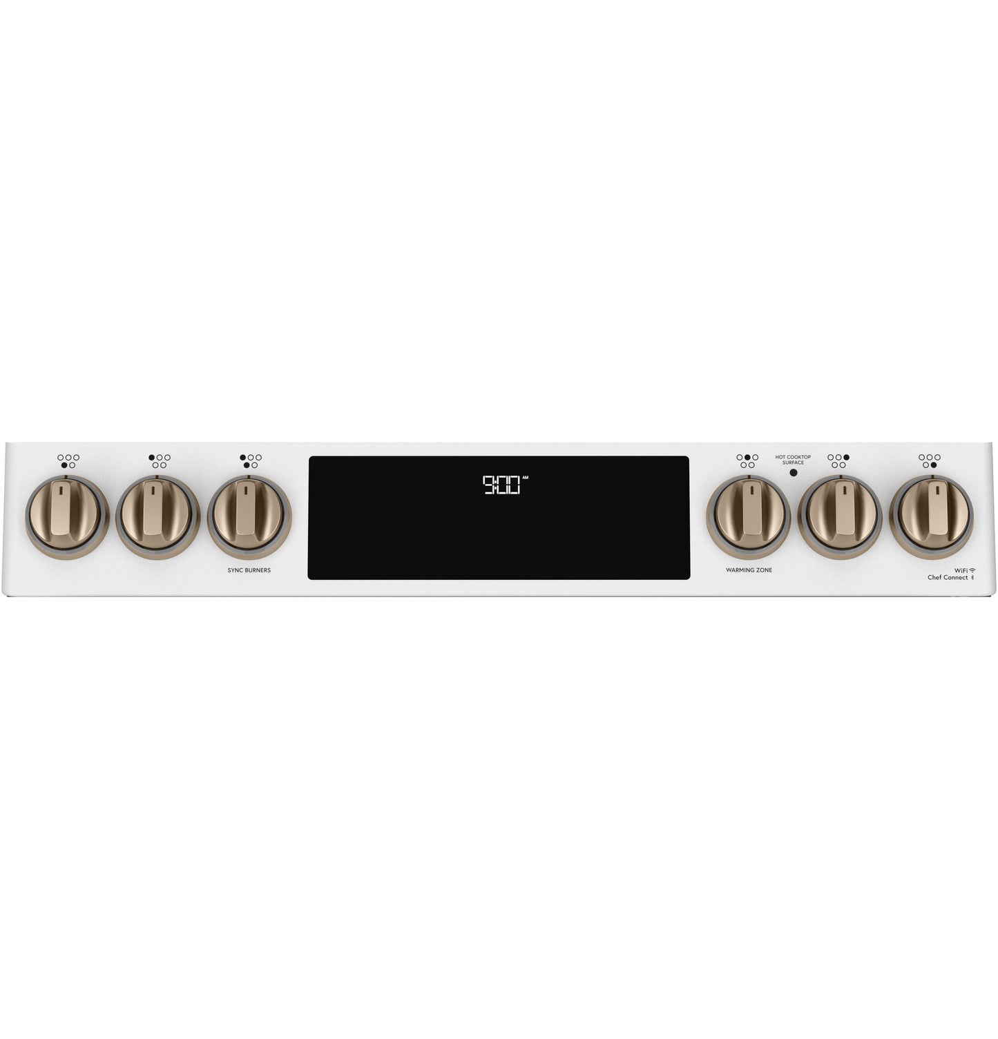 Control panel view of white slide-in induction and convection range with gold-tone knobs and digital display in kitchen appliances collection