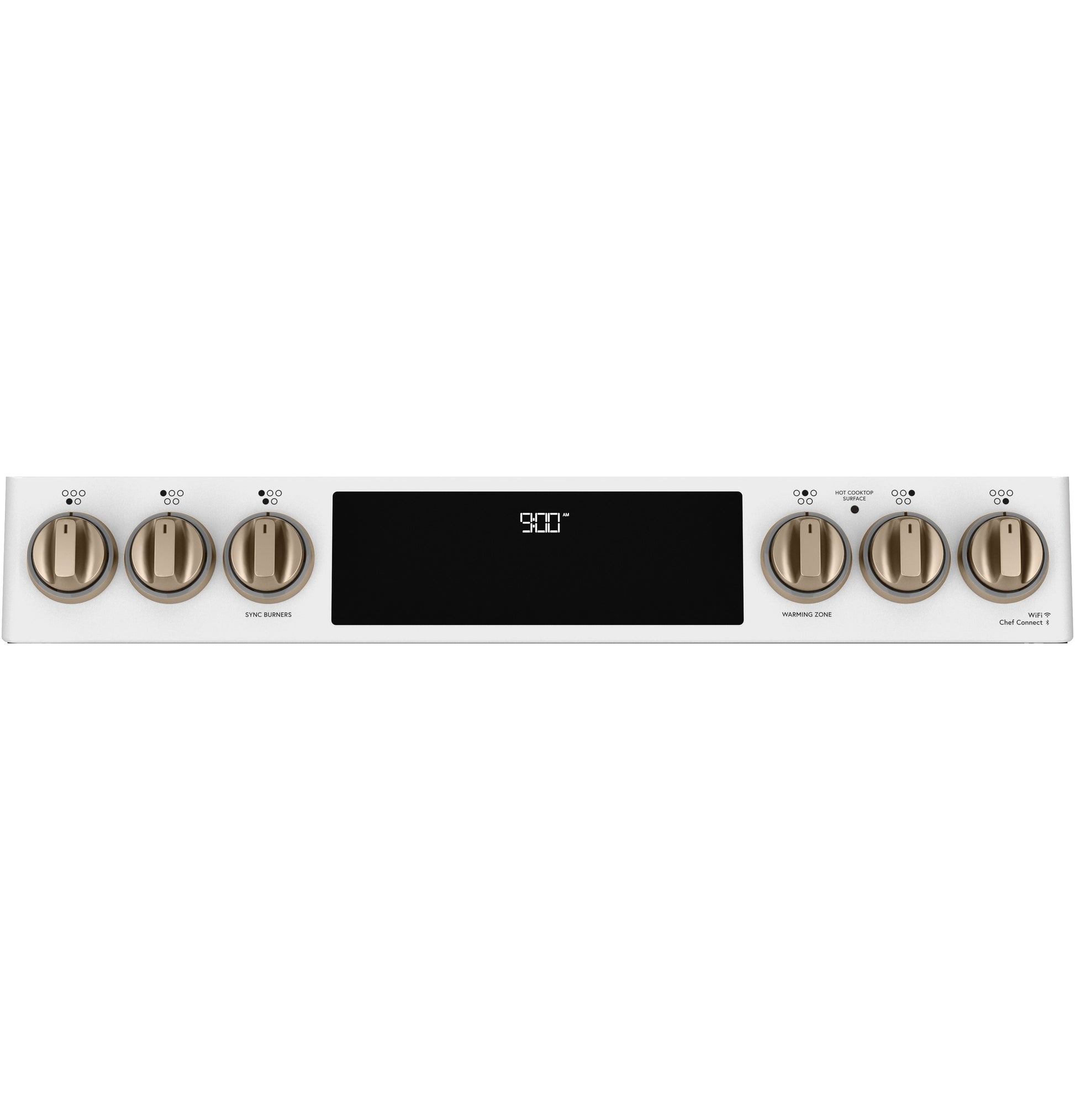 Control panel view of white slide-in induction and convection range with gold-tone knobs and digital display in kitchen appliances collection