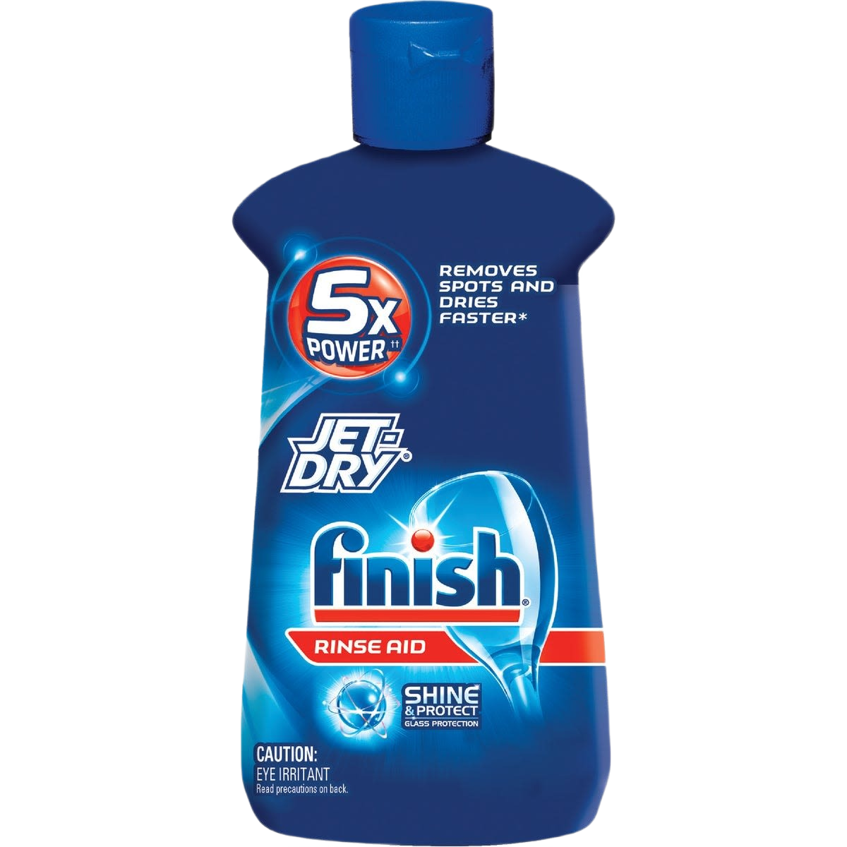 Blue bottle of rinse aid with 5x power formula for faster drying and spot removal in dishwashing tasks