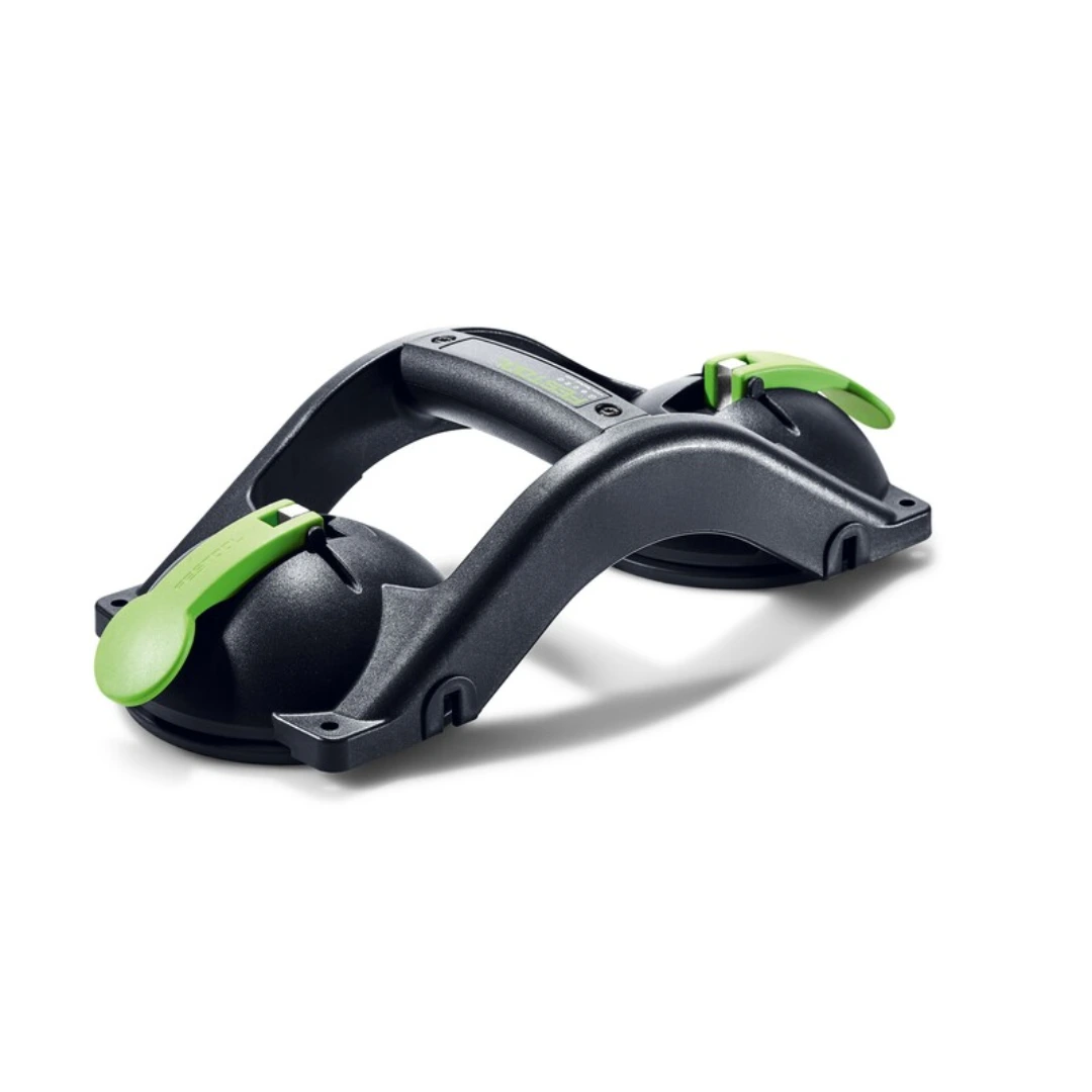 Dual suction cup handle with green quick-release levers for secure lifting in woodworking tool accessories collection