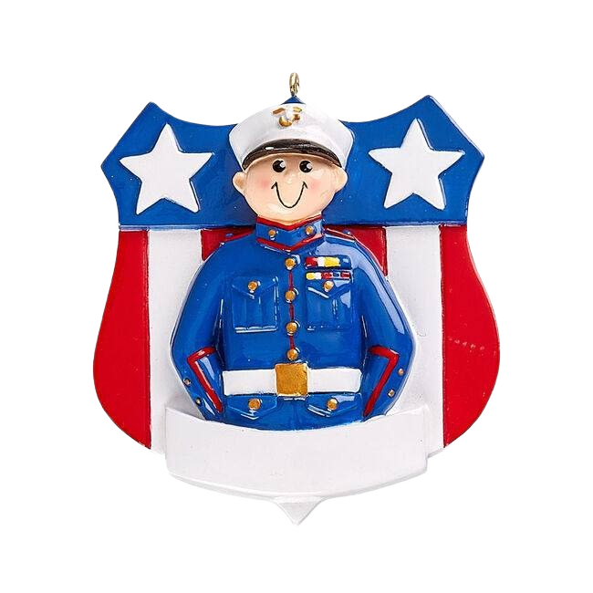Smiling male marine ornament in detailed blue uniform with white hat on star-spangled red, white, and blue shield background