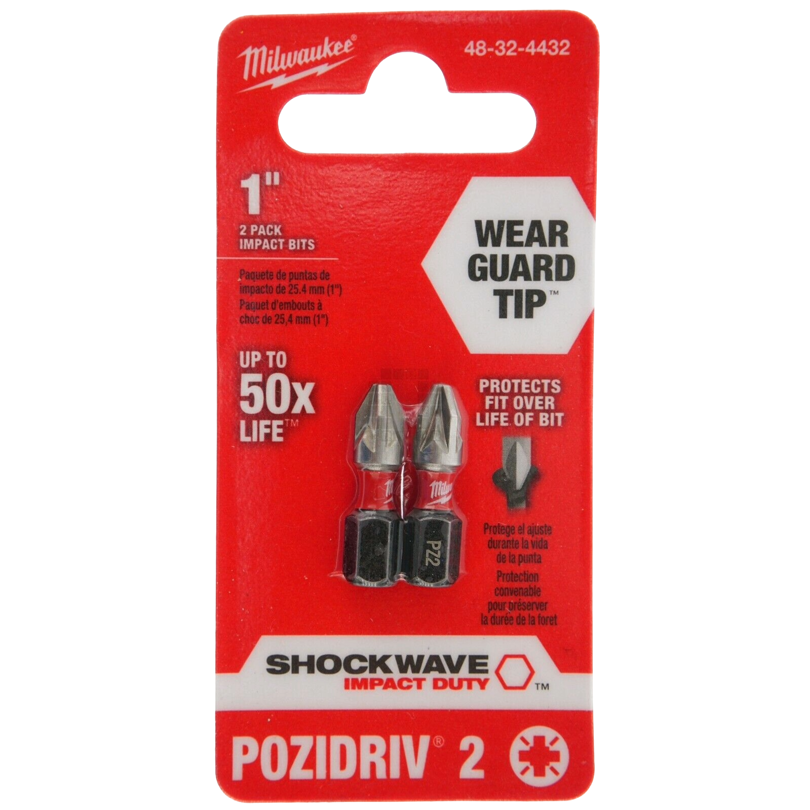 Two-pack of 1-inch Pozidriv #2 impact driver bits with enhanced wear guard tip for tool accessories and home improvement