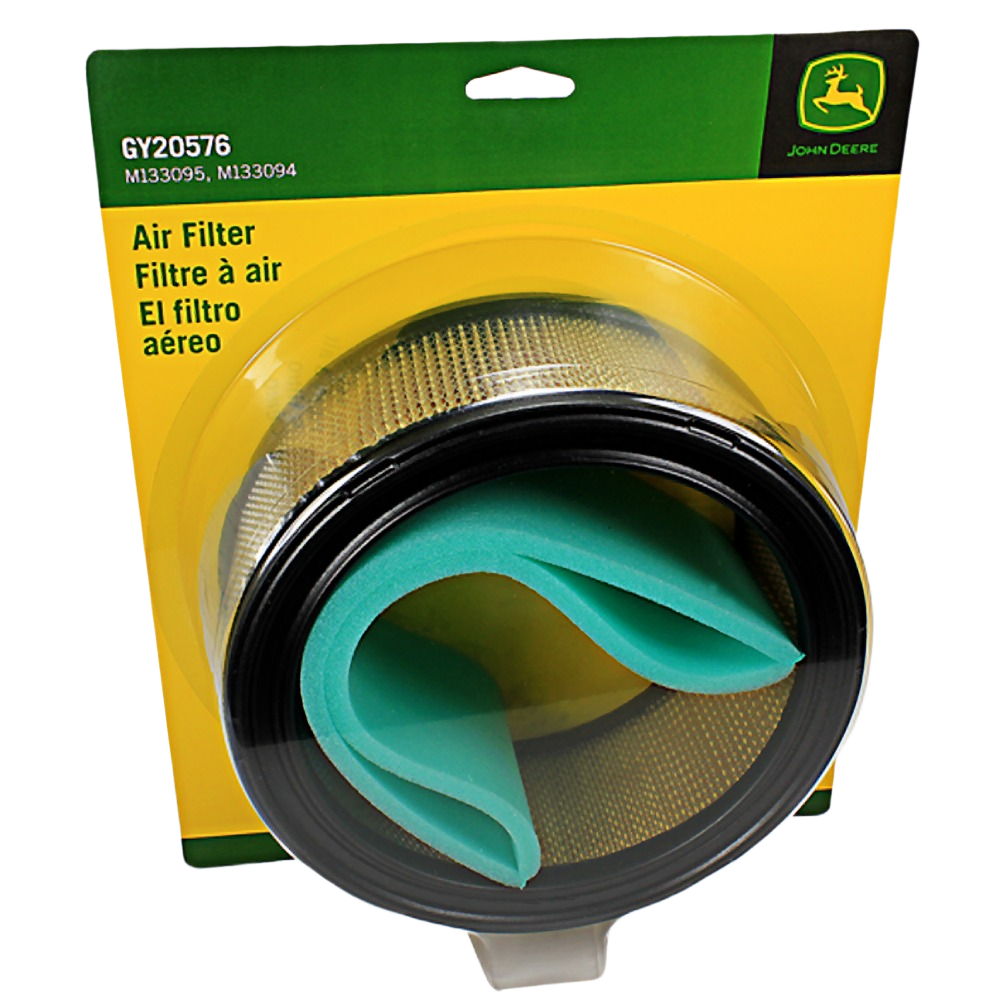 John Deere air cleaner assembly with black rim and blue foam filter in yellow and green retail packaging for tools and home improvement