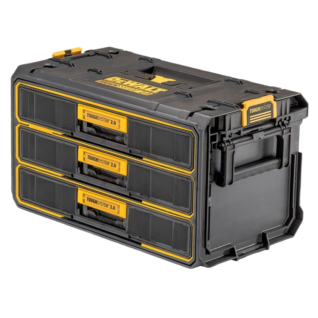 Black and yellow three-drawer storage unit with reinforced corners for tool organization and jobsite use