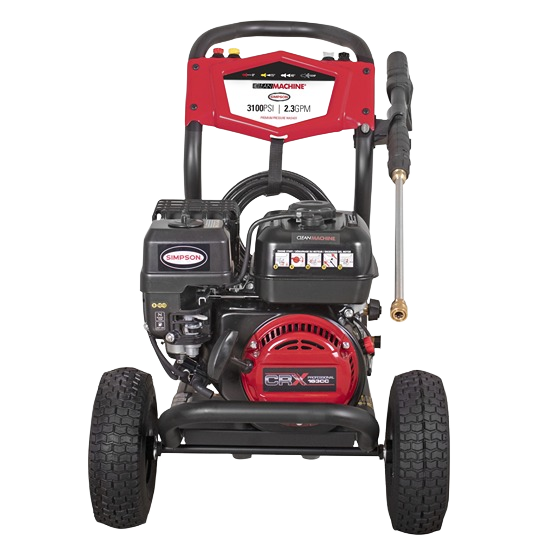 Compact pressure washer with red and black engine, large rubber tires, and metal spray wand for tools and home improvement use