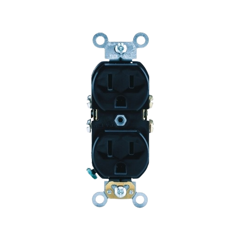 Black commercial grade electrical duplex outlet with backwire terminals for home improvement and wiring projects
