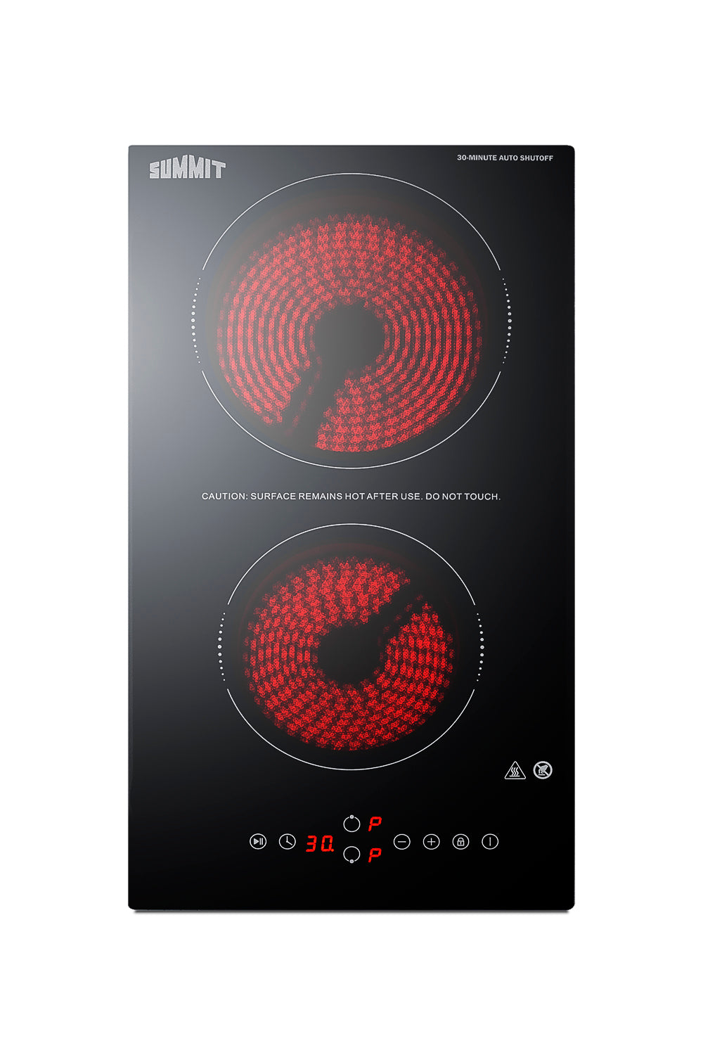 Black 2-burner radiant cooktop with safety shutoff and touch controls from kitchen and cooktops collection
