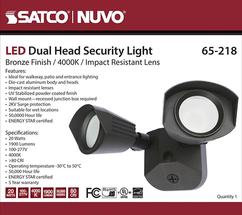 Bronze dual head LED security light with impact-resistant lenses for outdoor security and home lighting projects