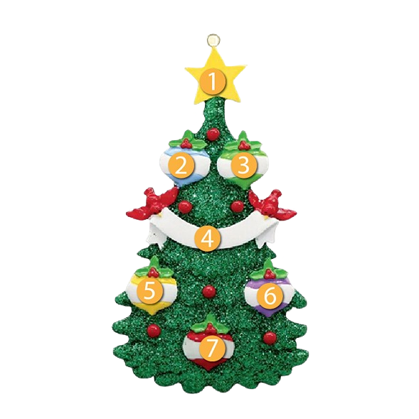 Green glitter Christmas tree ornament with five numbered baubles and yellow star, holiday decor under $50 collection