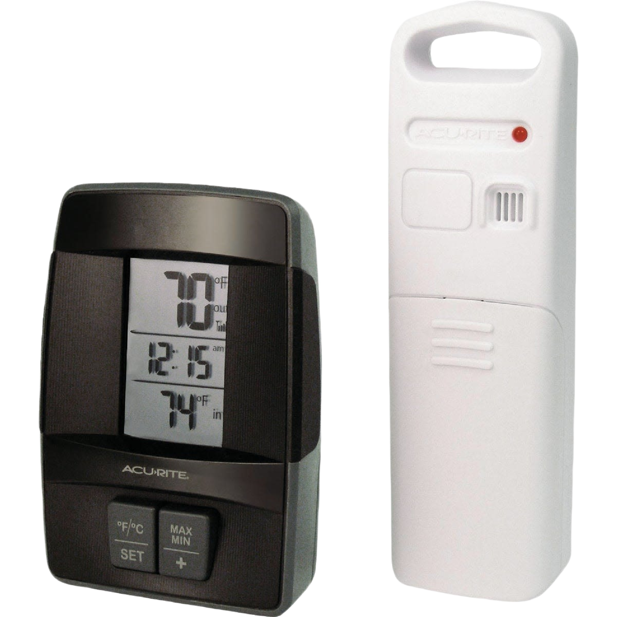 Wireless indoor and outdoor thermometer set with digital display and white sensor for tools and home improvement use
