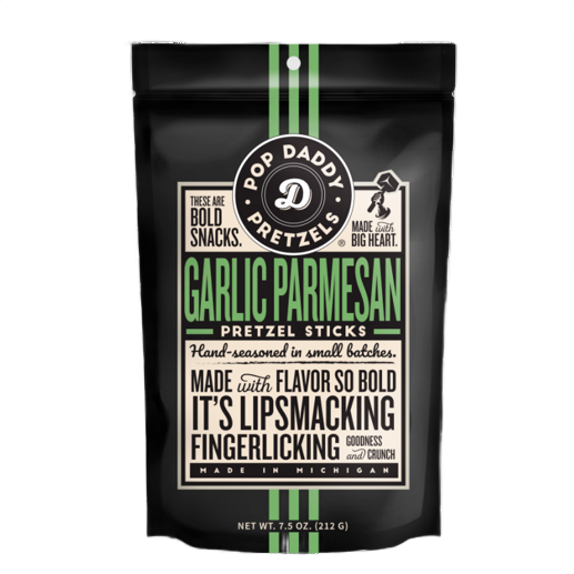 Black resealable bag of garlic parmesan seasoned pretzel sticks in the Chips & Snacks and Food & Beverage collections