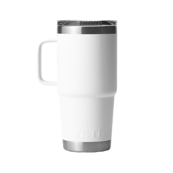 White insulated 20 oz. travel mug with handle and clear lid, durable drinkware for kitchen and outdoor use collections