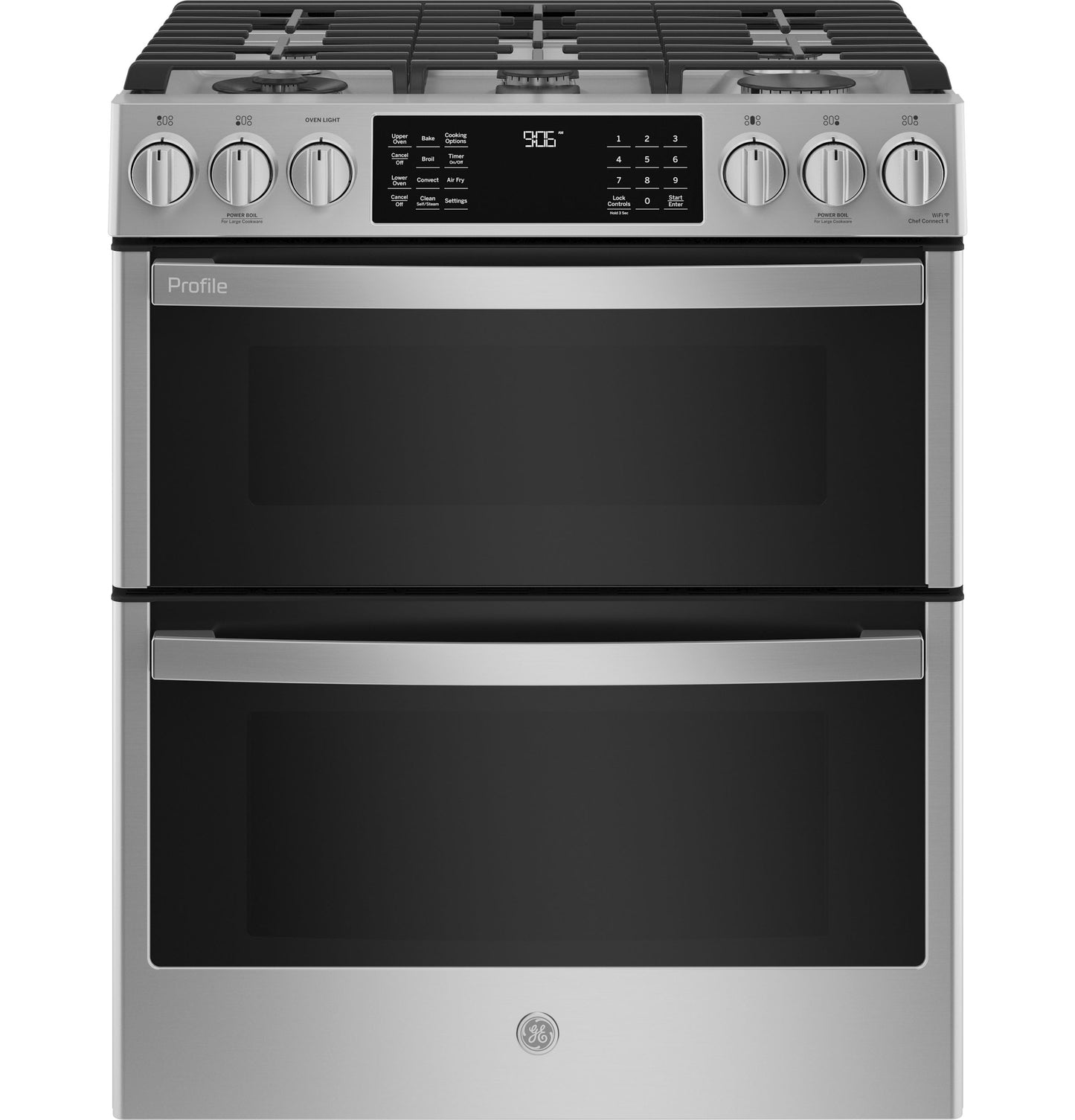 Fingerprint-resistant stainless steel slide-in gas range with front controls and double convection ovens in Appliances collection