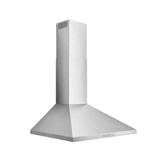 Stainless steel classic pyramid chimney hood with venting slots and control buttons from range hoods collection