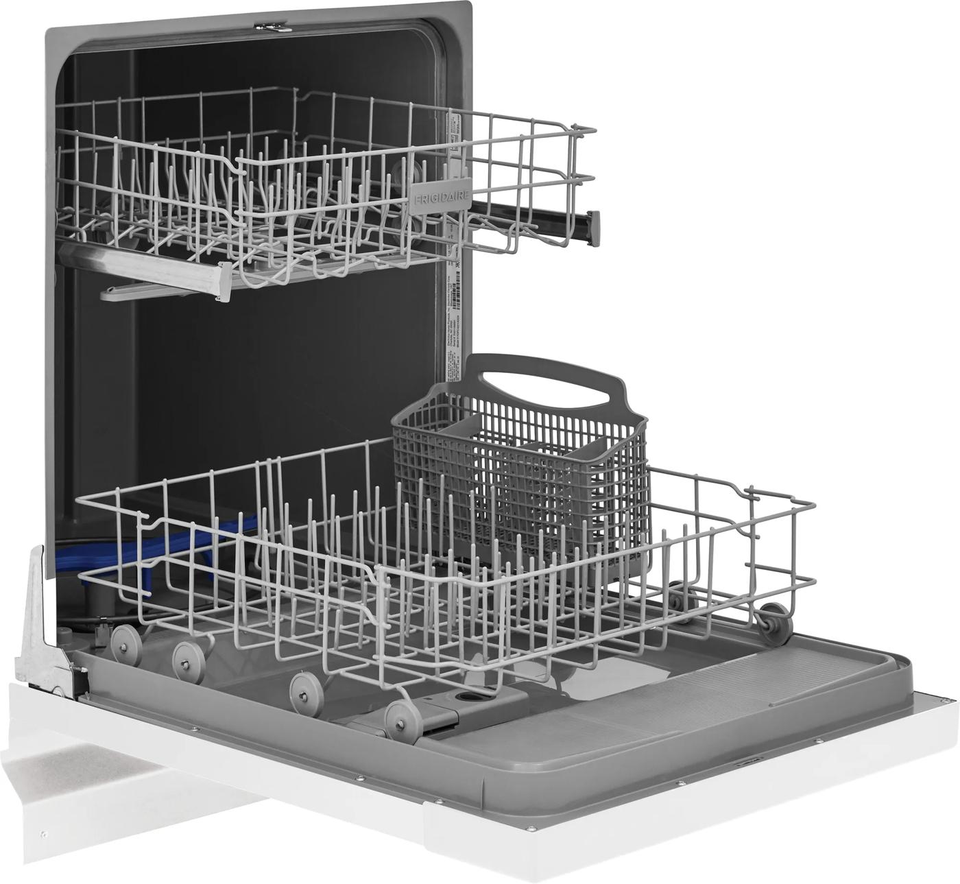 Open white built-in dishwasher with upper and lower racks and utensil basket in home improvement and kitchen collections