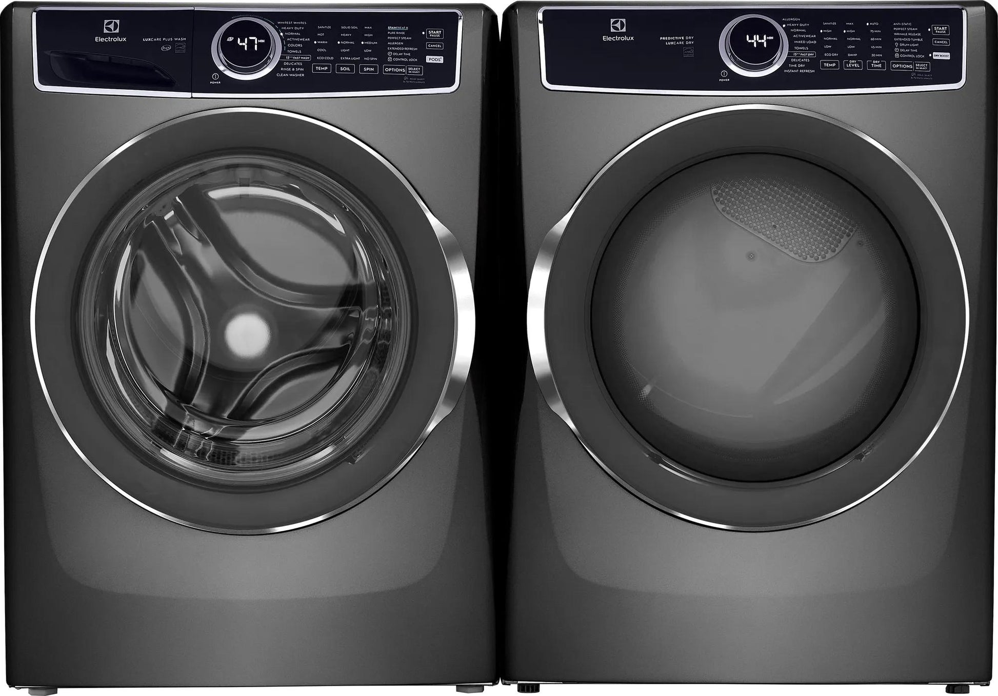 Pair of dark gray front load washer and dryer with digital control panels from Washers & Dryers collection at Hartville Hardware