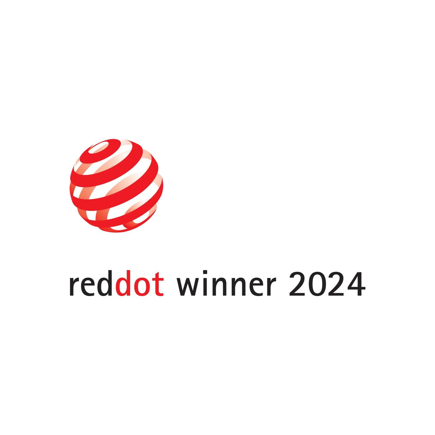 Red and white Red Dot Award logo with text announcing 2024 winner on plain white background