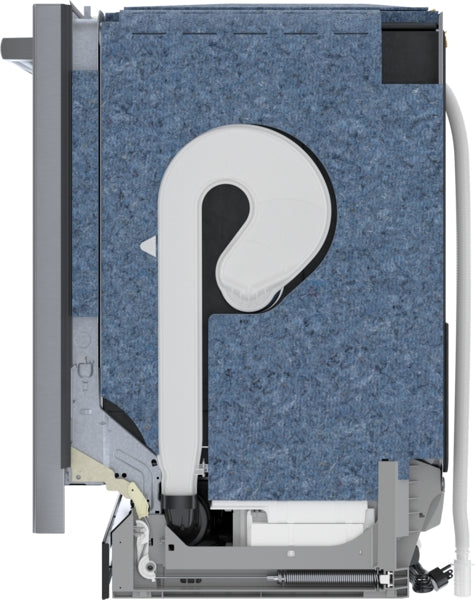 Side view cutaway of a stainless steel dishwasher with insulation and internal water circulation system from Bosch Appliances collection