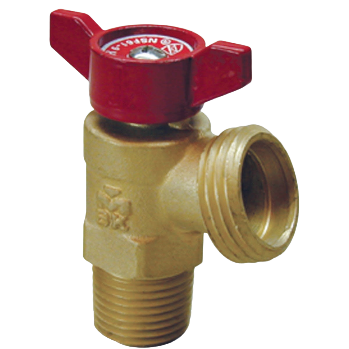 Brass quarter turn boiler drain valve with red handle and threaded connections for home improvement plumbing tasks