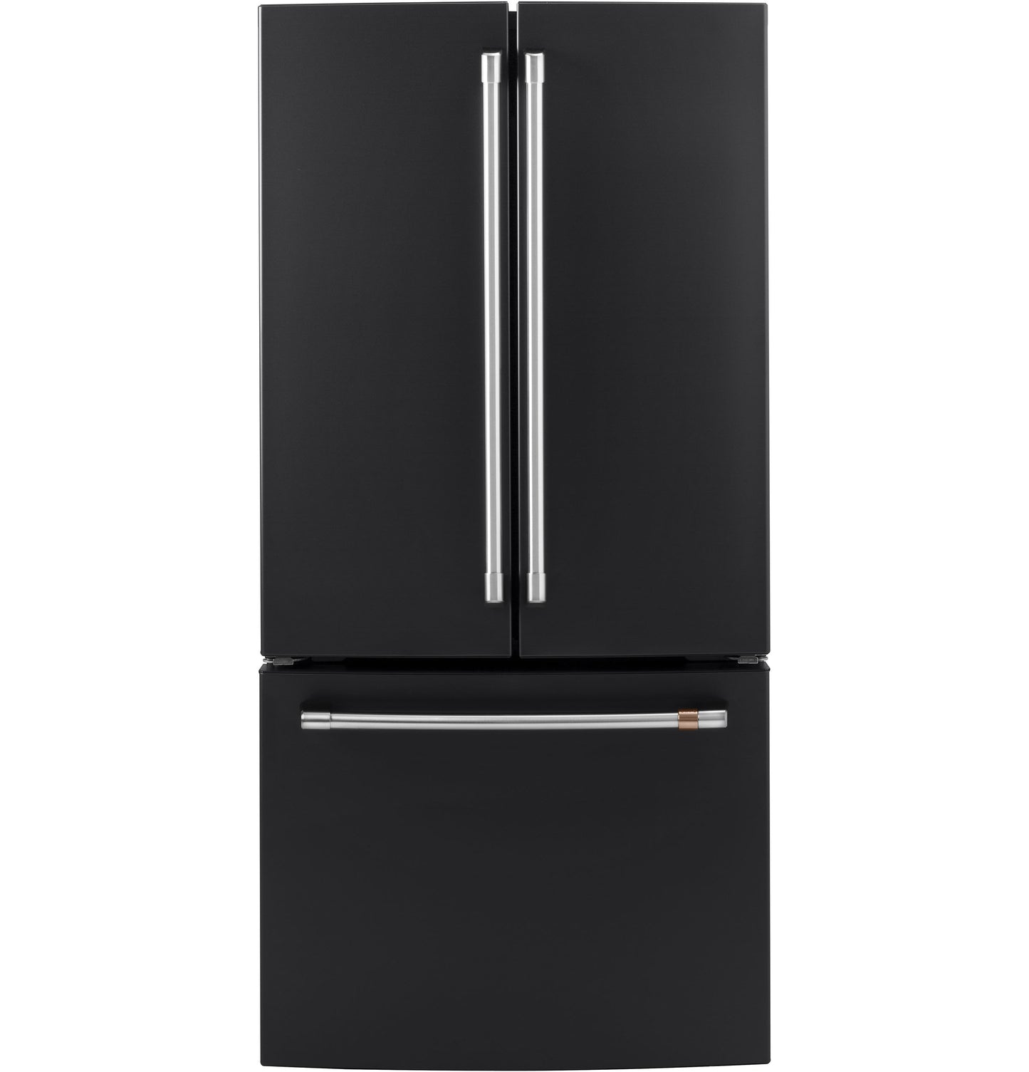 Black counter-depth French door refrigerator with bottom freezer drawer in kitchen appliances collection