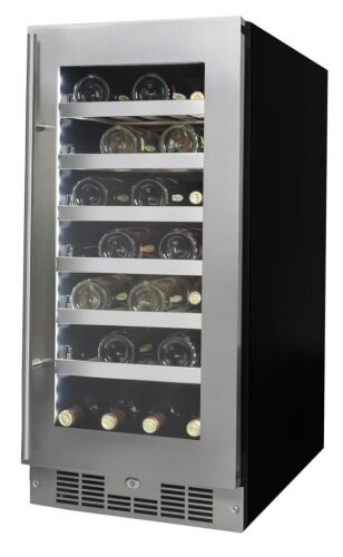Slim stainless steel wine cooler with tempered glass door and smooth sliding shelves in Refrigerators and Appliances collections