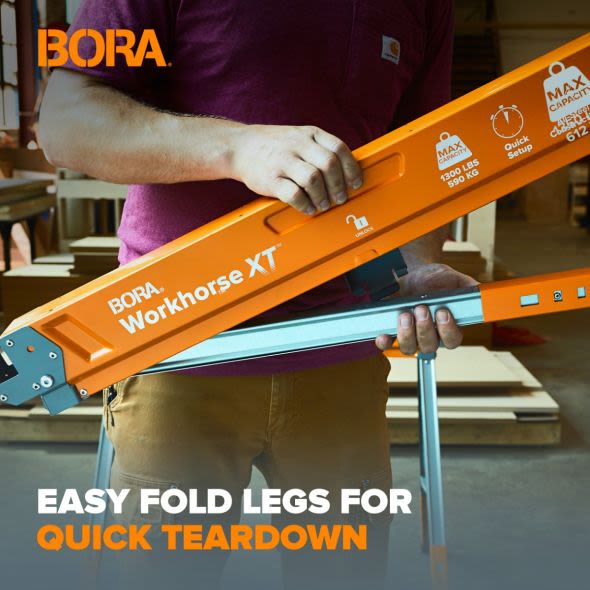 Person folding bright orange Bora Workhorse XT sawhorse legs designed for fast setup and home improvement tasks