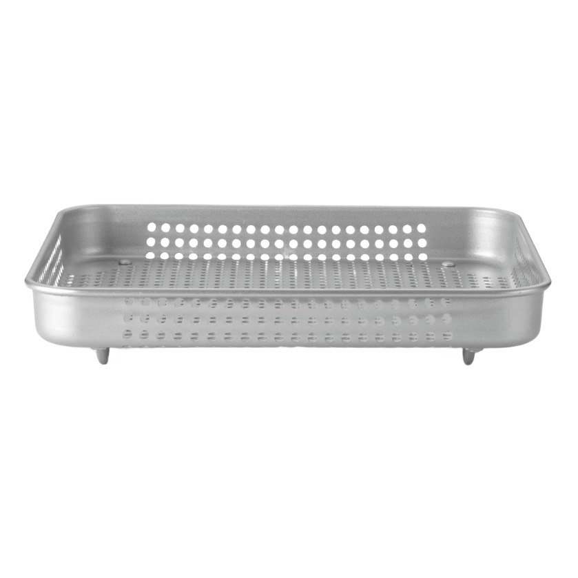 Rectangular metal basket with perforated sides and bottom designed for airfryer cooking use