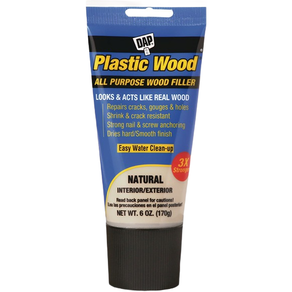 Tube of DAP Natural all-purpose wood filler in blue and black packaging for patching and repair projects